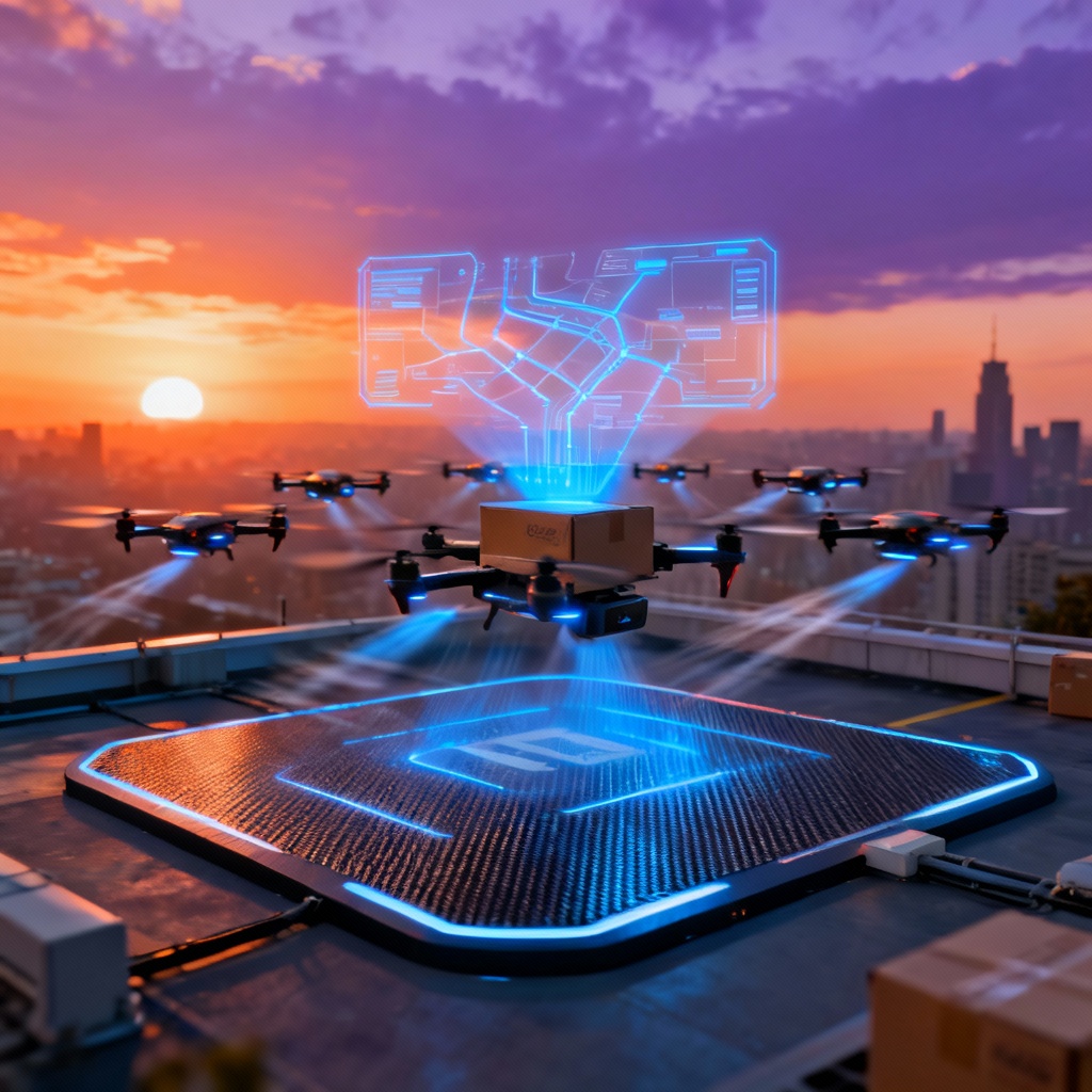 AI autonomous delivery drone fleet over futuristic city
