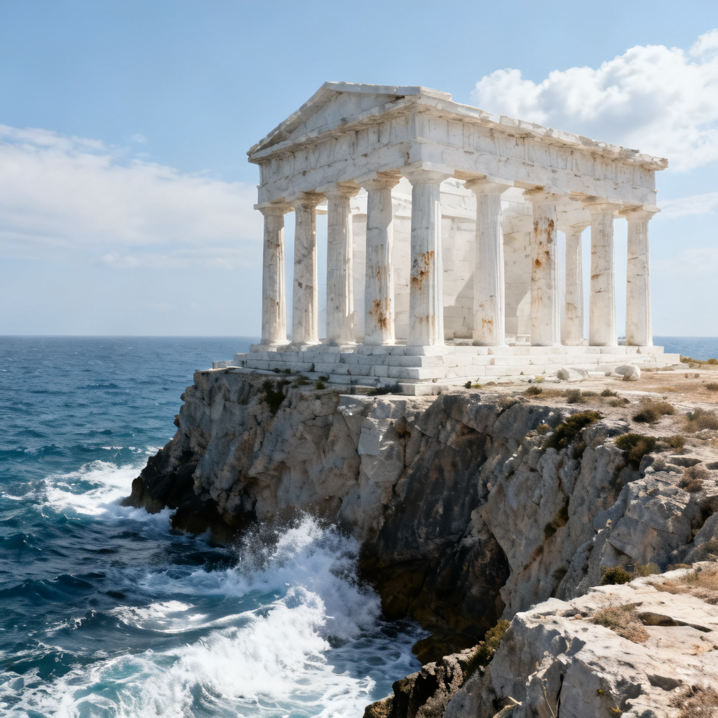 AI Greek marble temple on a coastal cliff with waves