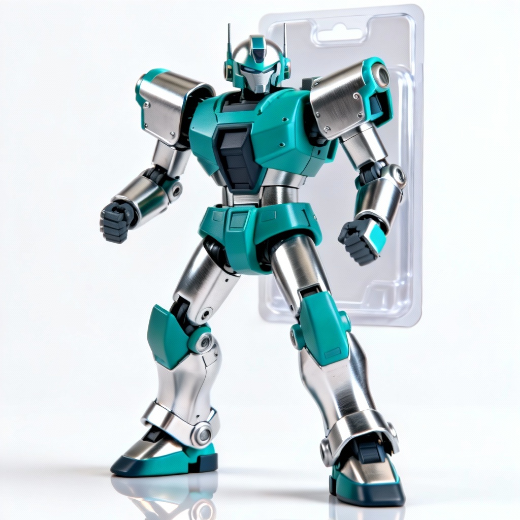 AI action figure robot toy concept with packaging mockup