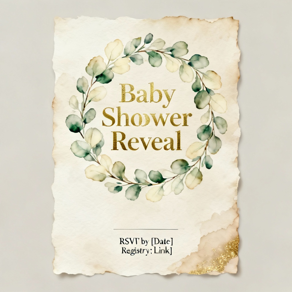 Greenery gender reveal invite with gold accents