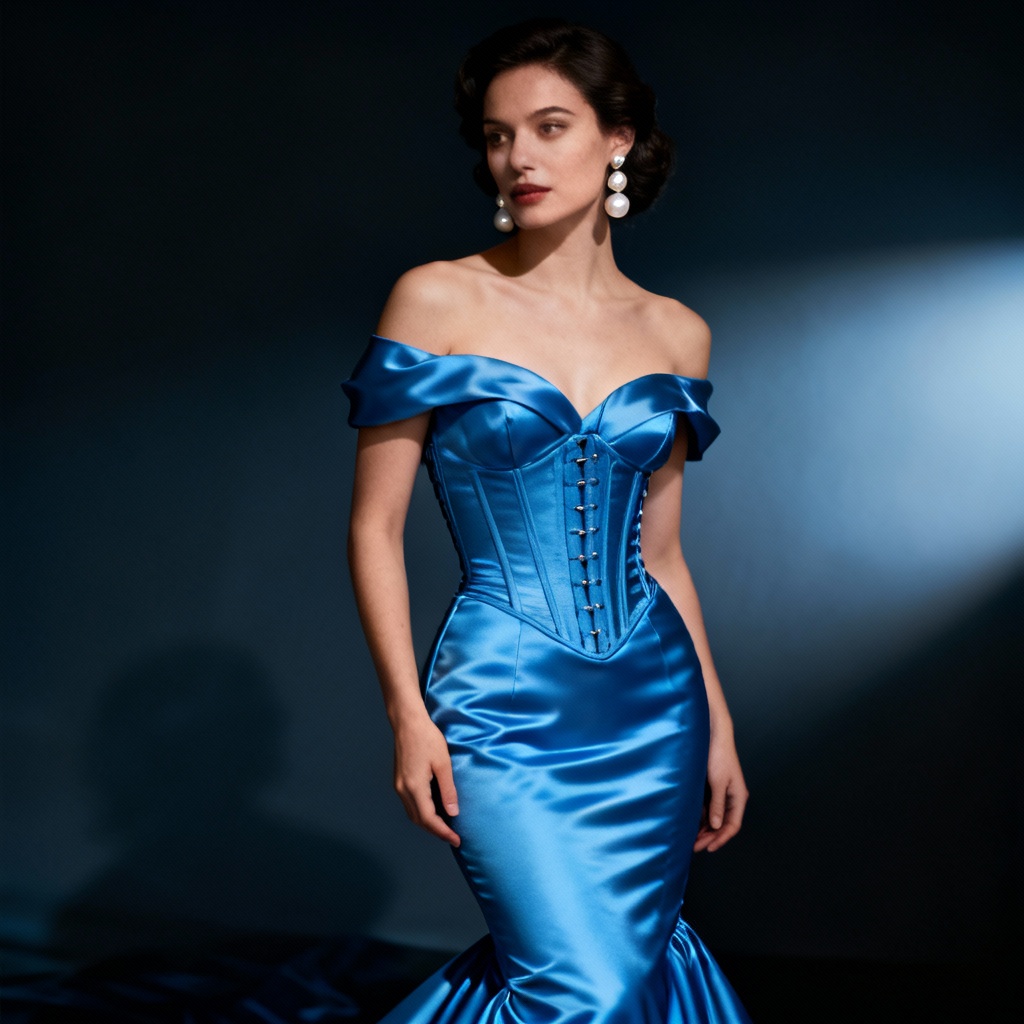 AI cerulean blue satin mermaid evening dress
