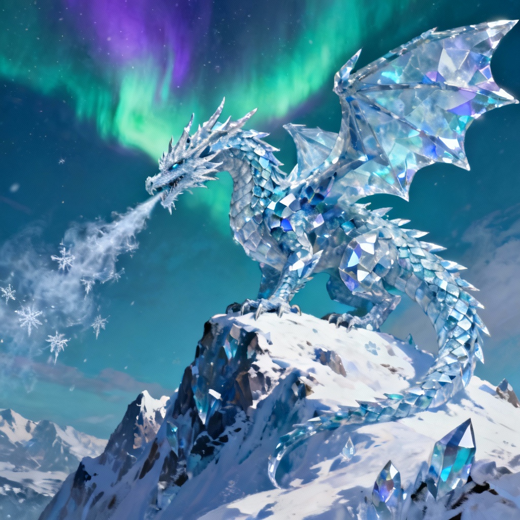 Crystal ice dragon on snowy peak with aurora sky