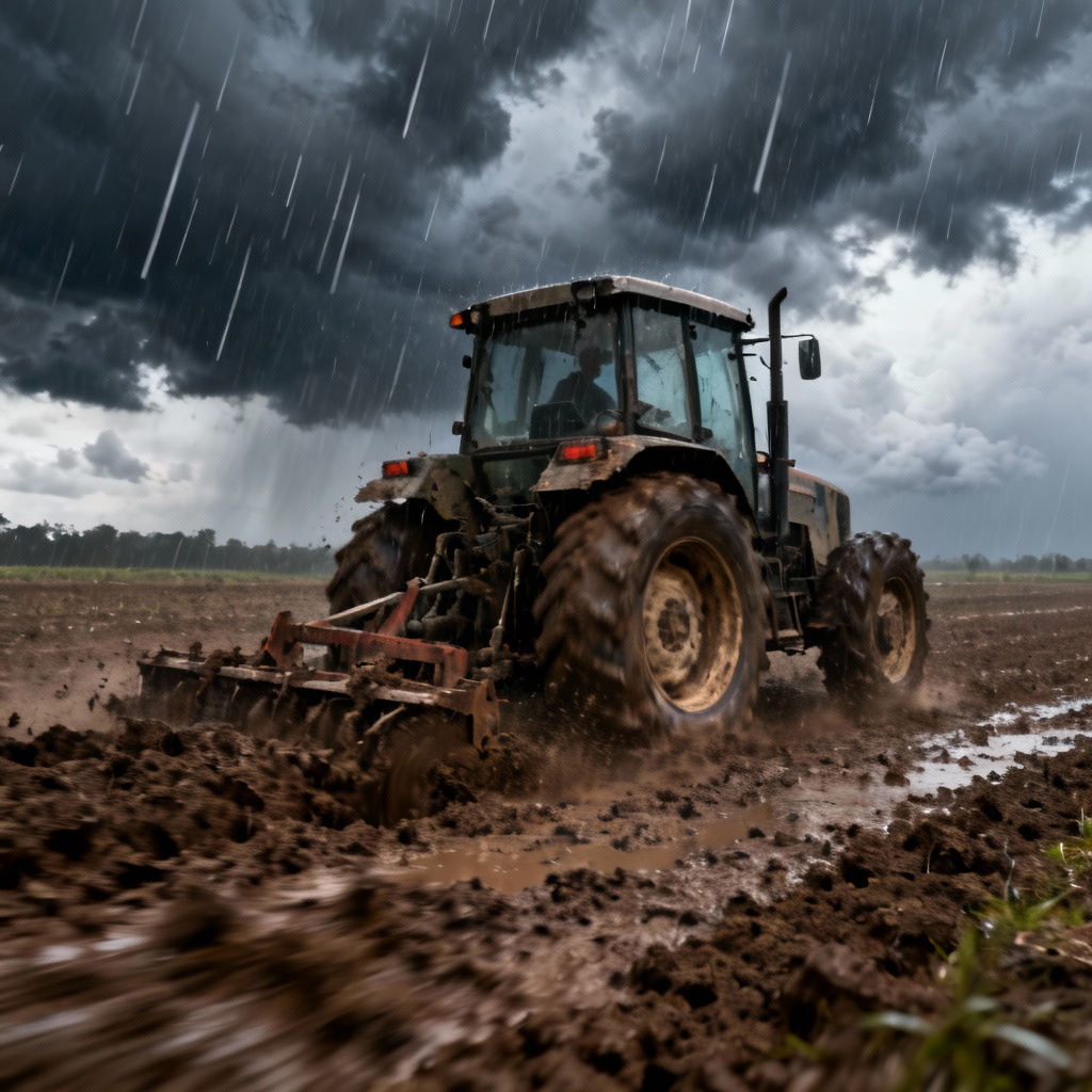 AI dramatic tractor plowing field in stormy weather
