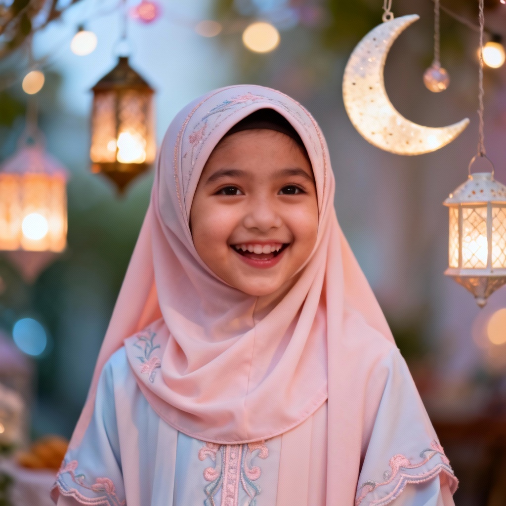 AI Eid celebration portrait with pastel abaya and lantern lights
