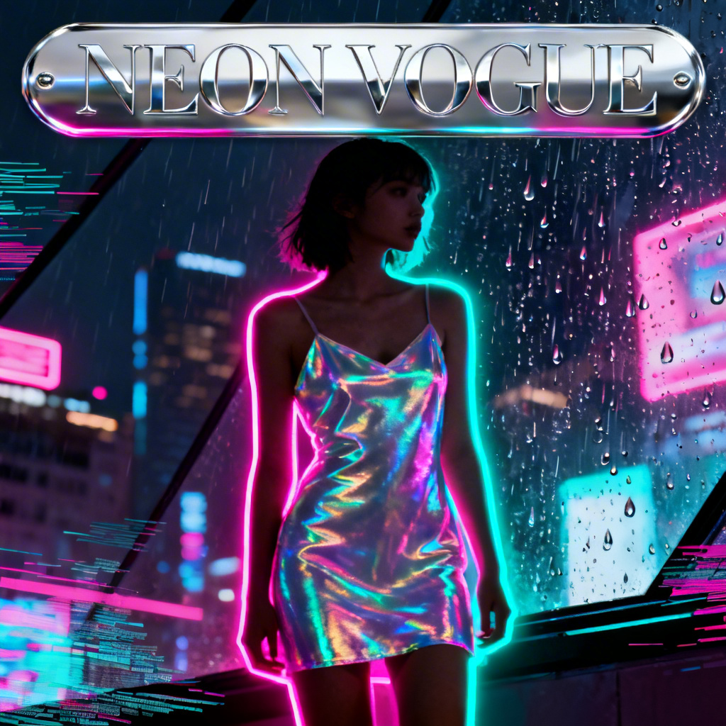 Cyberpunk AI poster girl in a neon reflective dress