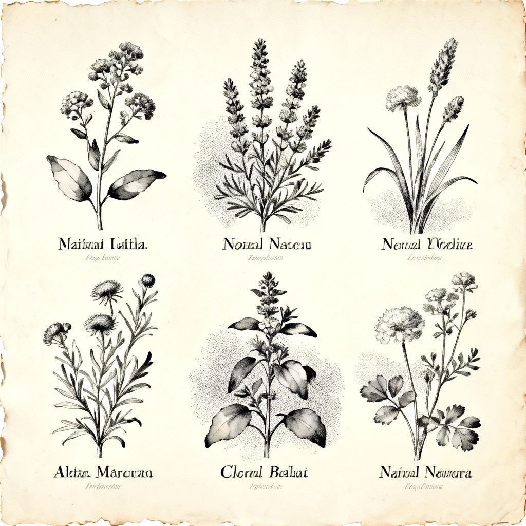 AI herbarium ink illustration of leaves and flowers