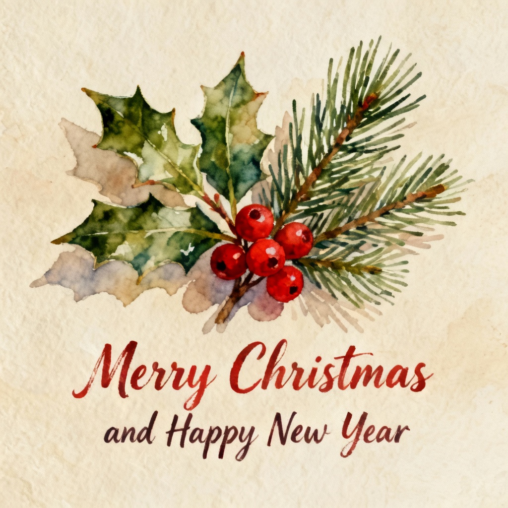 Cozy watercolor Christmas card with holly, pine, and handwritten wish