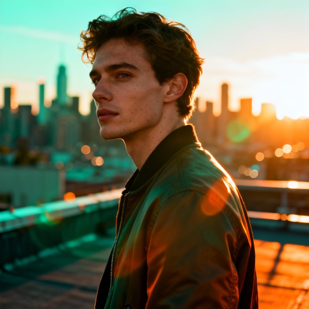 AI golden hour urban fashion portrait with backlight and city bokeh