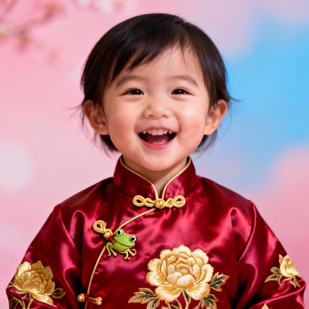 Child in festive New Year Tang outfit with lucky knot buttons