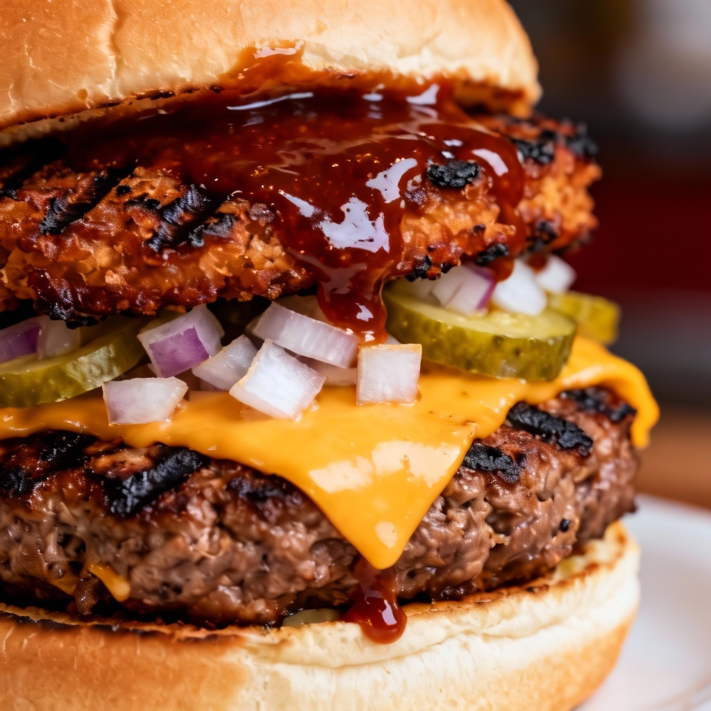 AI BBQ smash burger close-up with cheese melt