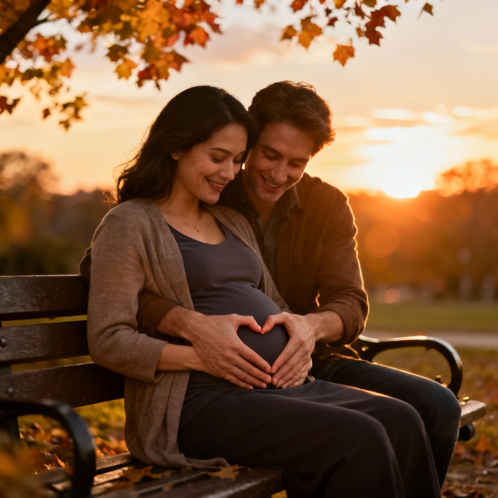 Warm sunset couple portrait with AI baby bump and gentle hand pose