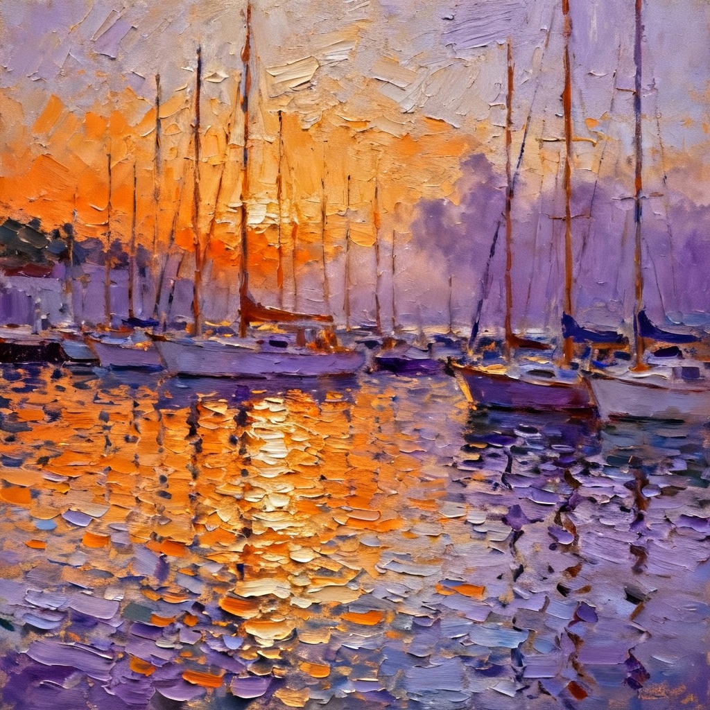 AI impressionist oil painting of a sunset harbor