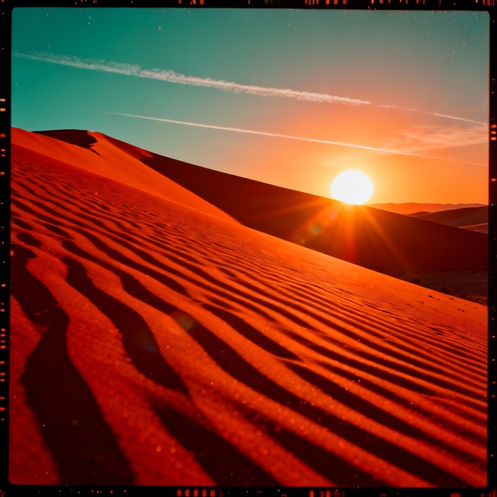 Cinematic red sand dunes under blazing sunset sky