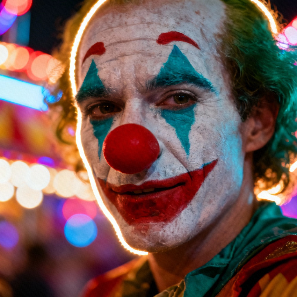 AI clown hero banner with neon carnival portrait