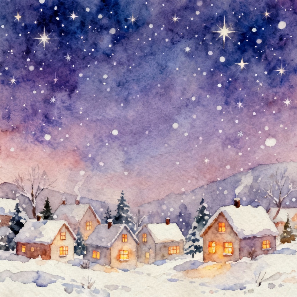 Watercolor winter village Christmas night background