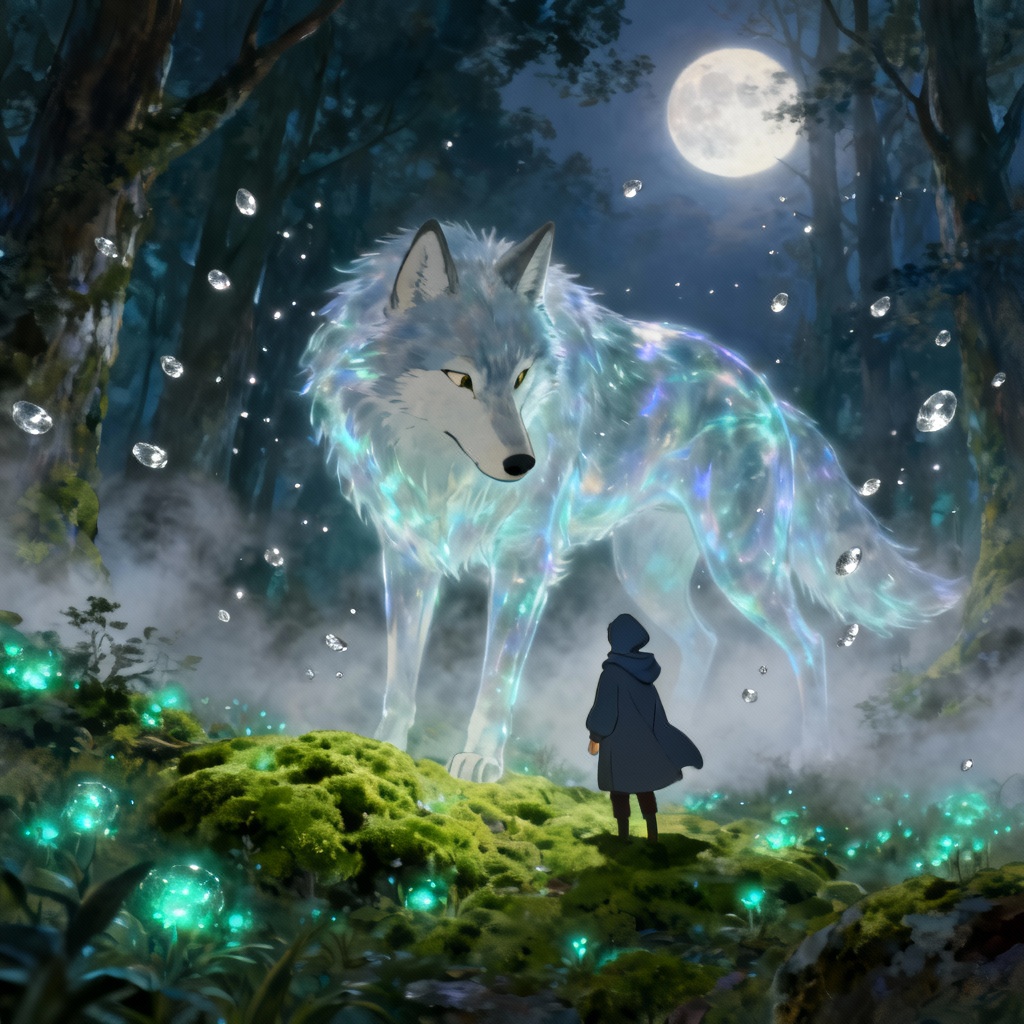 Mystic forest meeting between wanderer and wolf deity