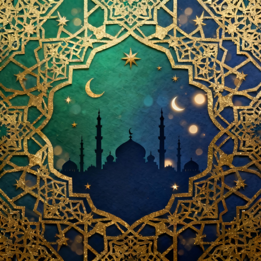 AI Islamic Background with Gold Arabesque and Mosque Silhouette