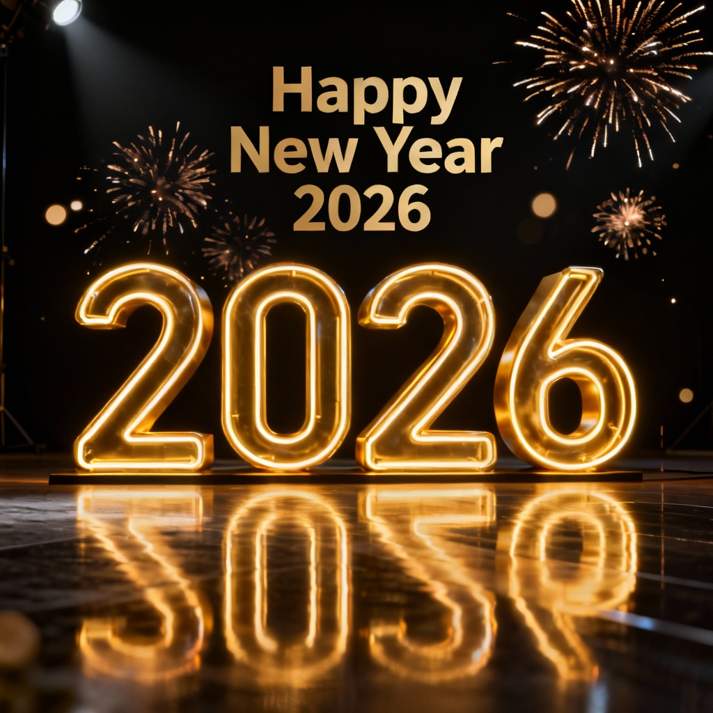 Neon gold 2026 poster with elegant Happy New Year typography