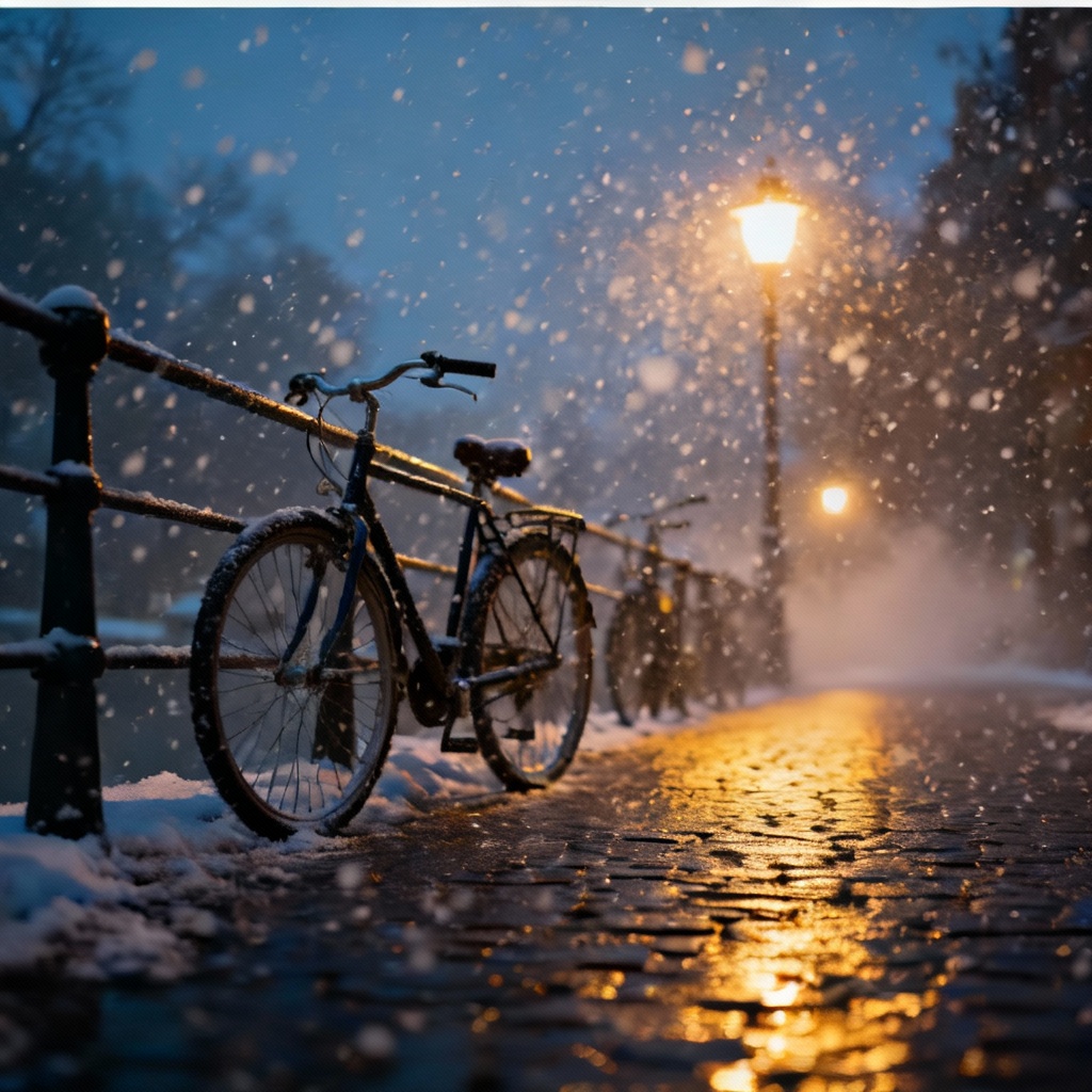 AI generated snowy night street with blizzard and lamplights
