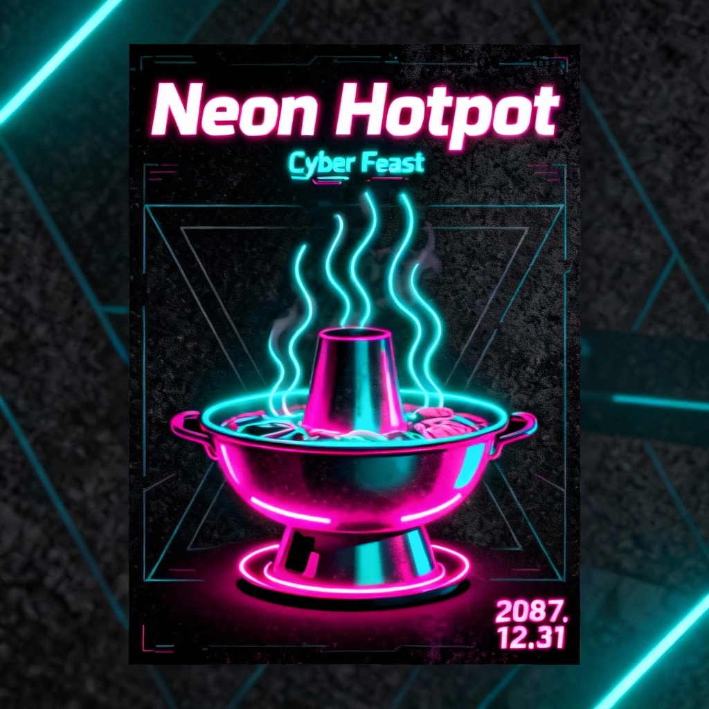 Neon cyberpunk hotpot poster with glowing typography