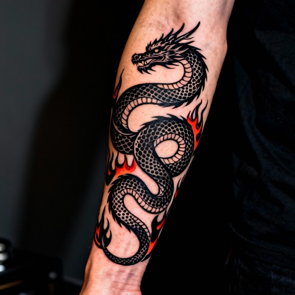 AI Blackwork Dragon Sleeve Tattoo