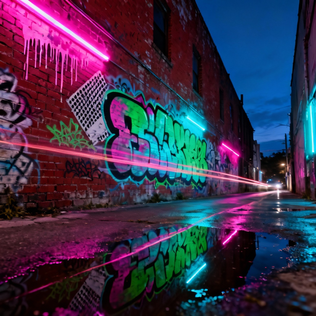 AI neon graffiti brick wall at night