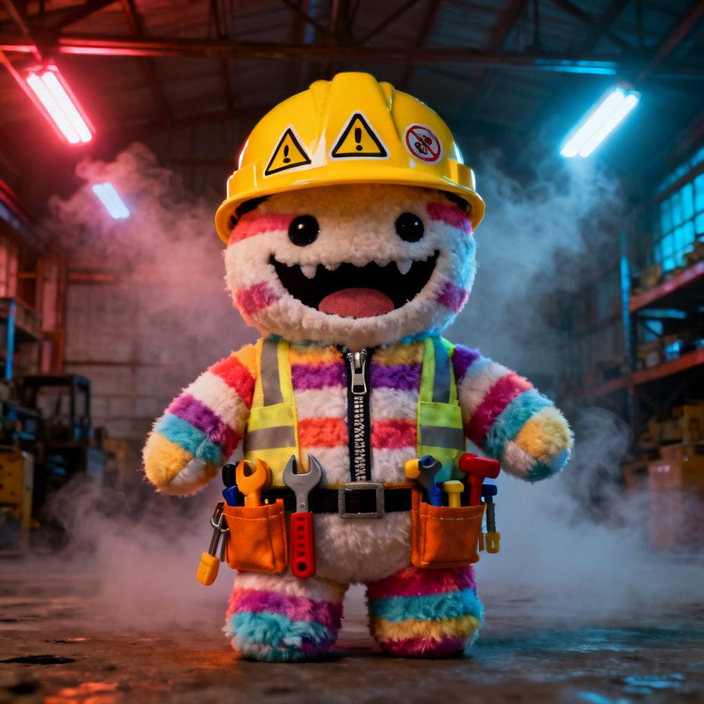 AI plush engineer Poppy Playtime OC with striped fleece and toy tools