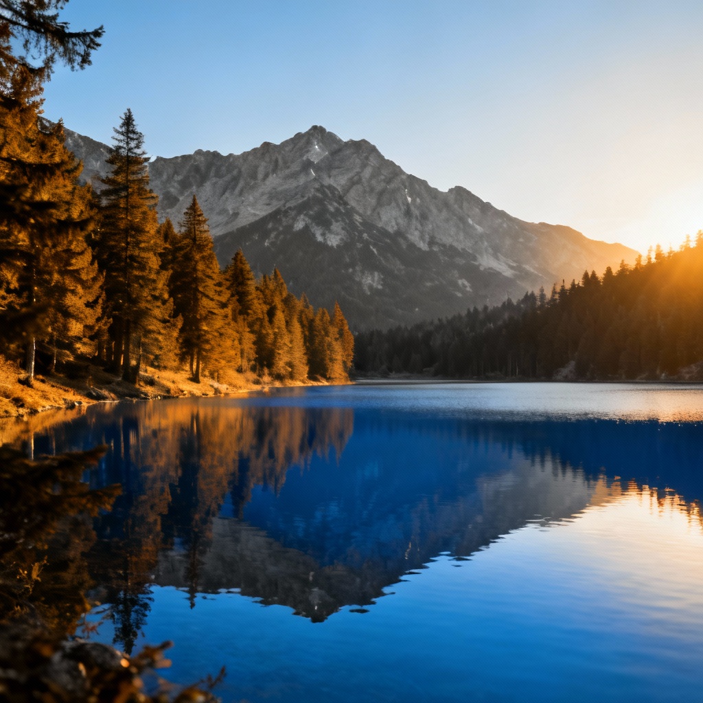 AI colorized mountain lake at sunset