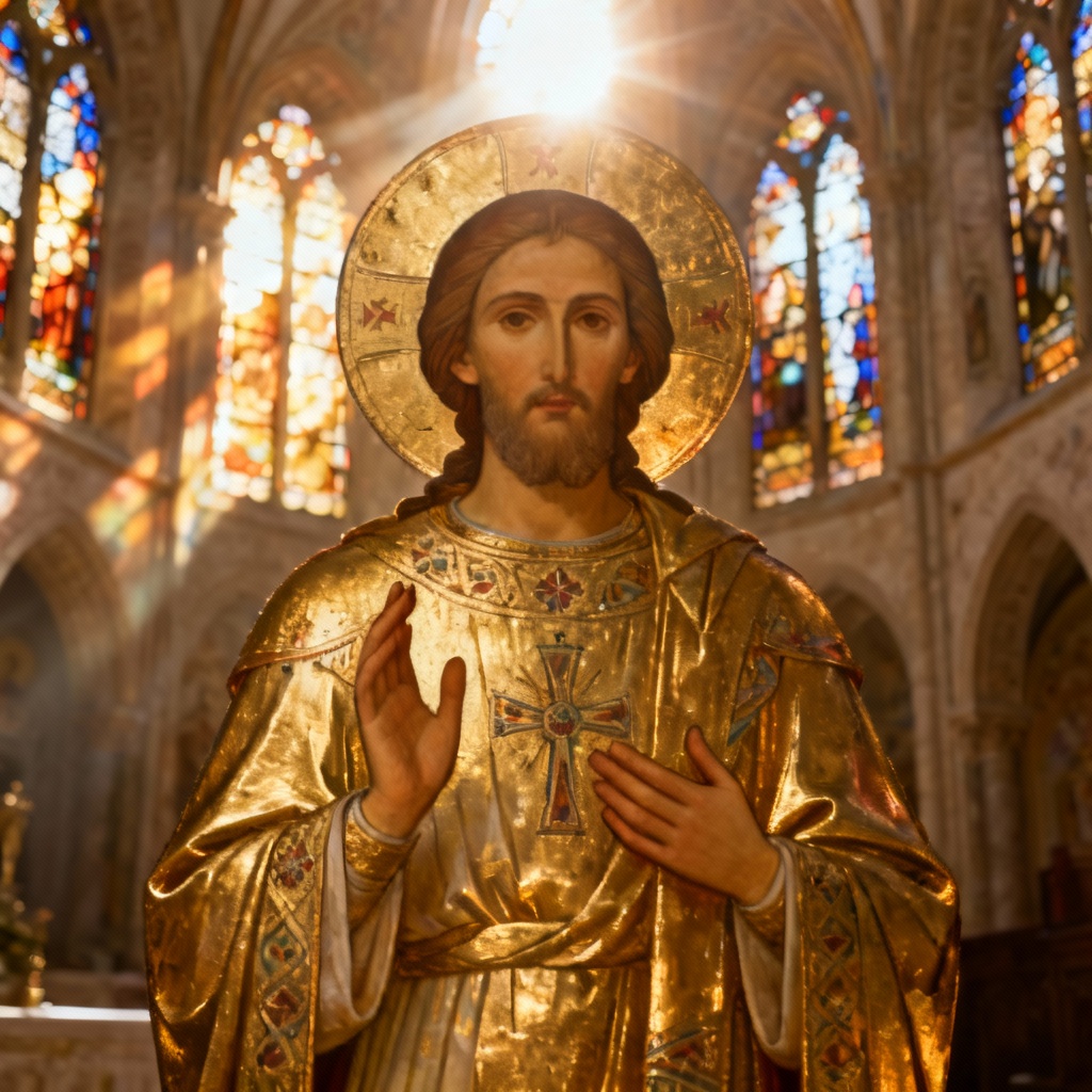 AI sunlit cathedral icon with gold leaf detail