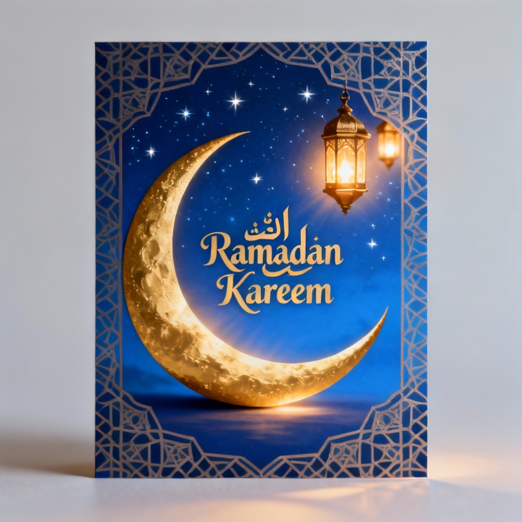 AI Ramadan card with gold crescent moon and lanterns