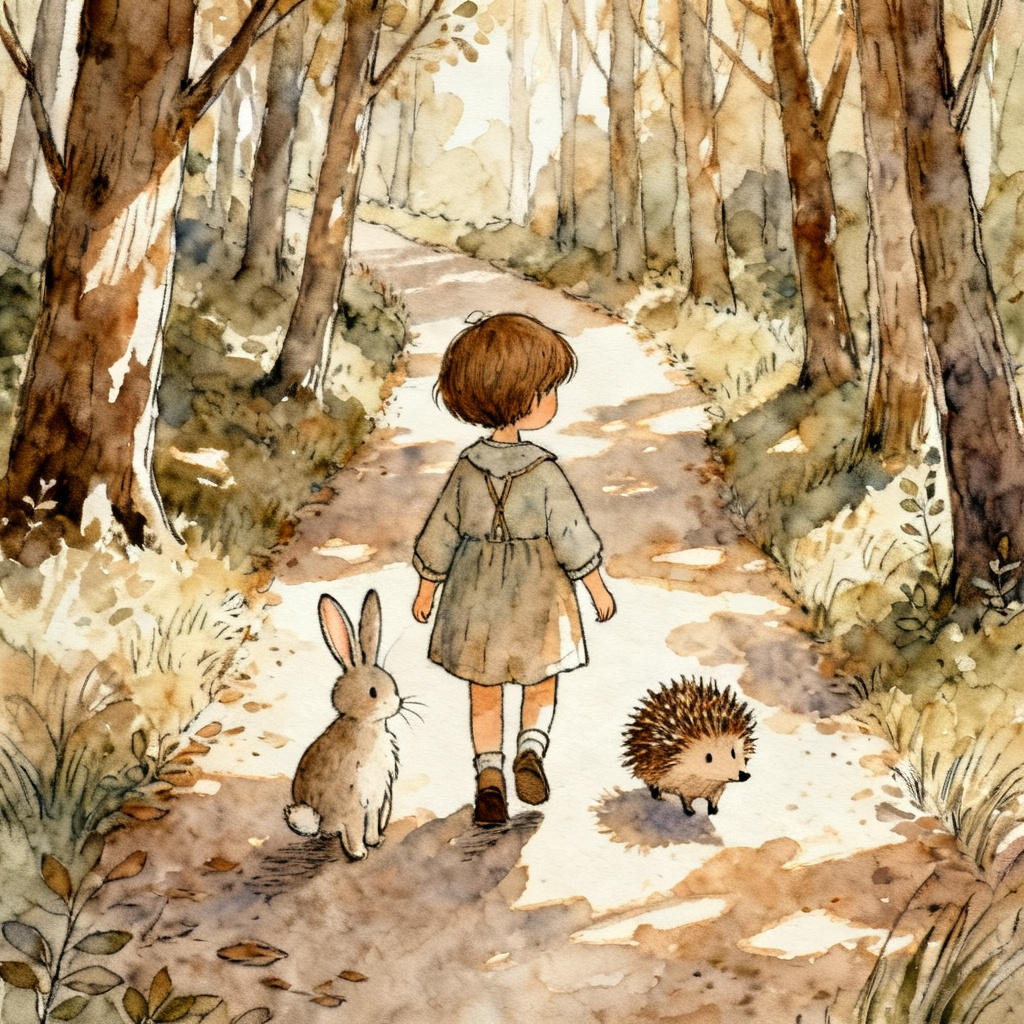 AI watercolor child walking with woodland animals