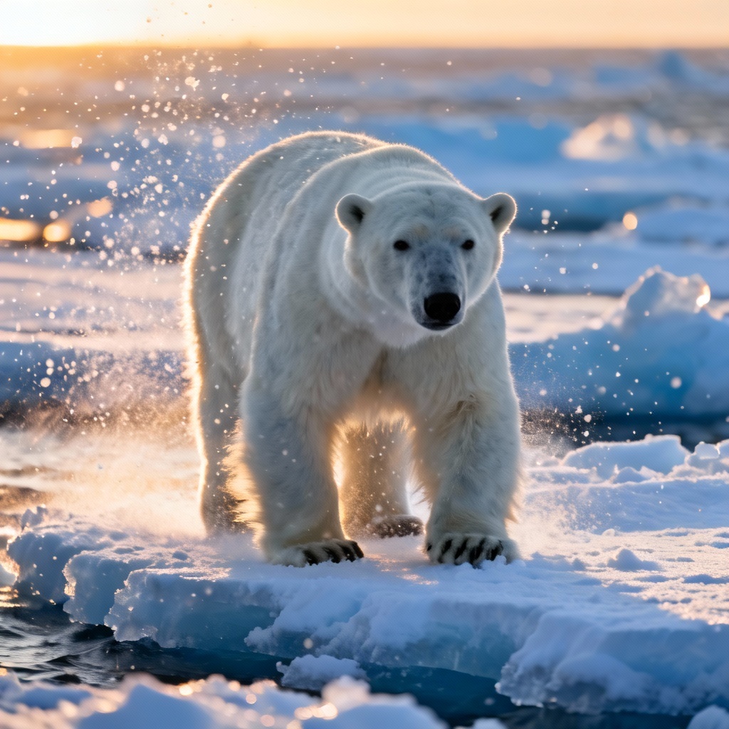 Photoreal polar bear on blue sea ice