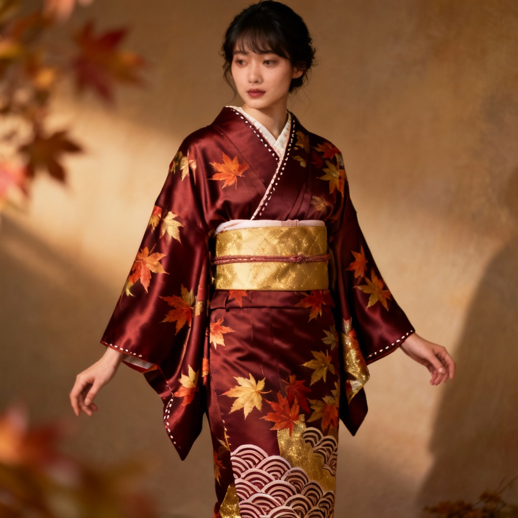 AI kimono with autumn maple leaf wagara pattern in studio lighting