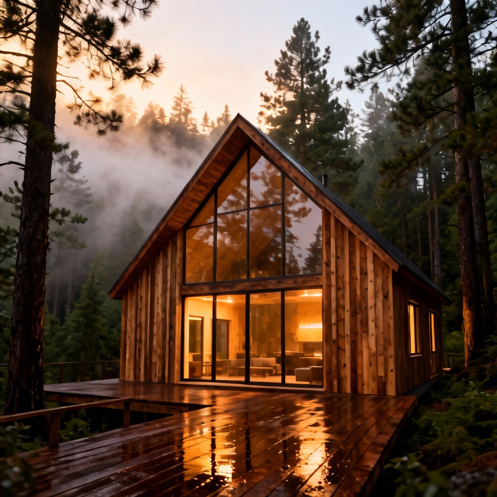 AI wooden house render of a modern timber cabin at dusk