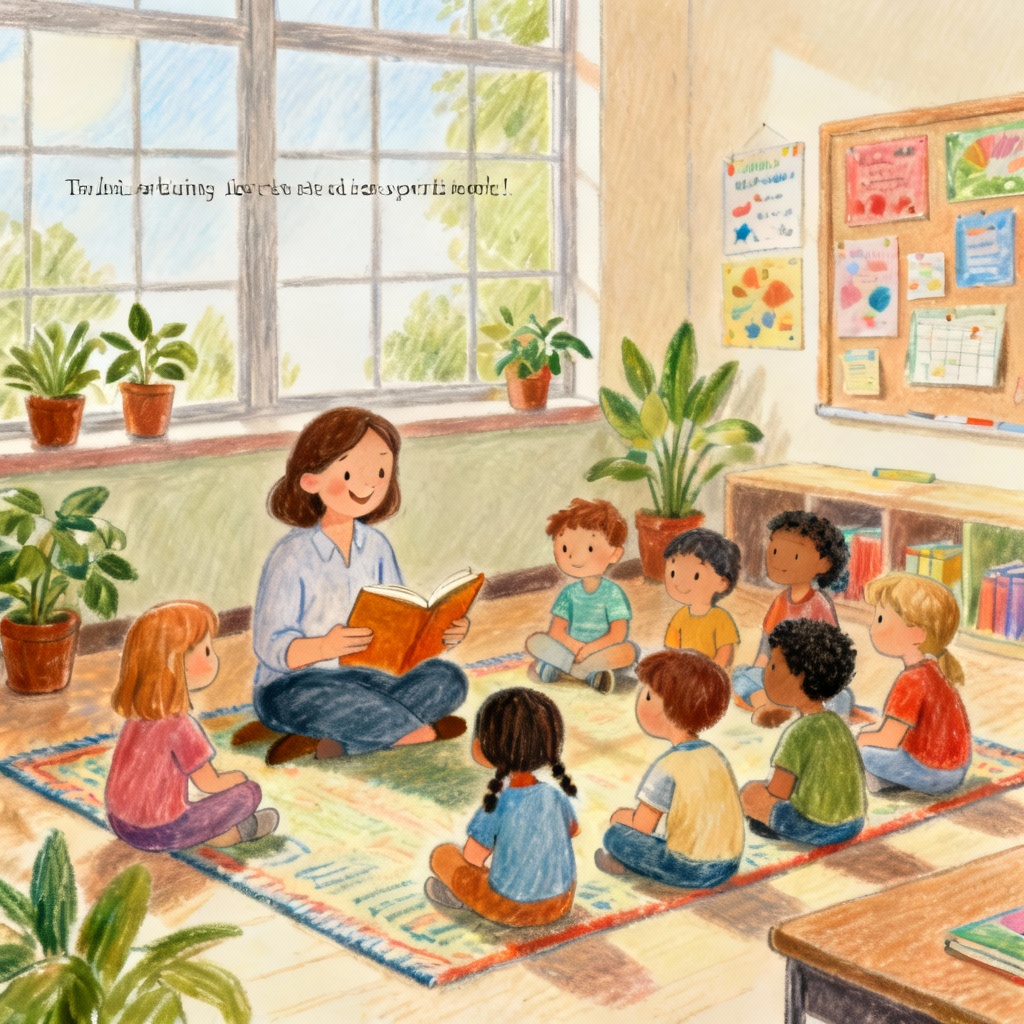 AI storybook classroom reading time with diverse children