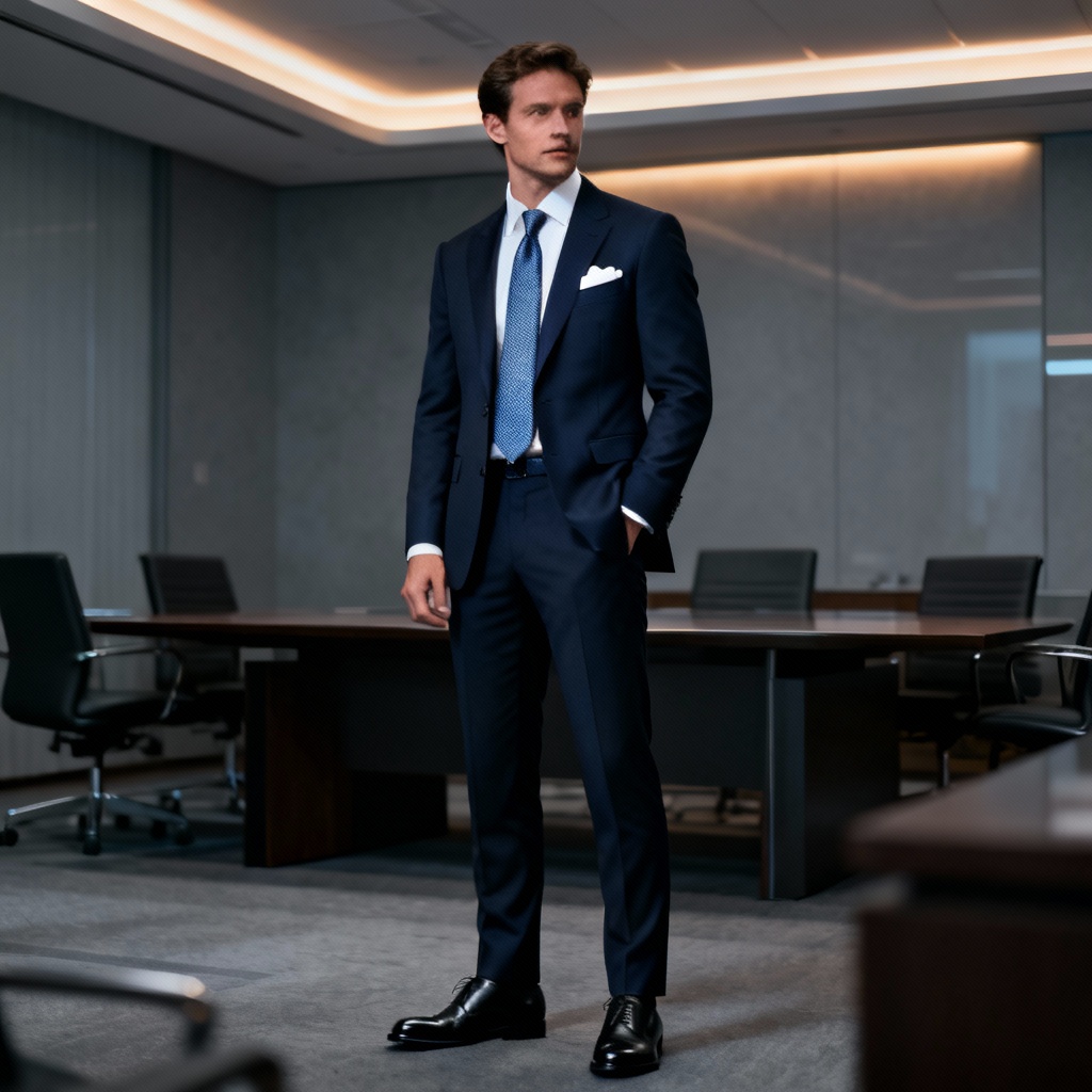 AI boardroom navy suit with tie and pocket square