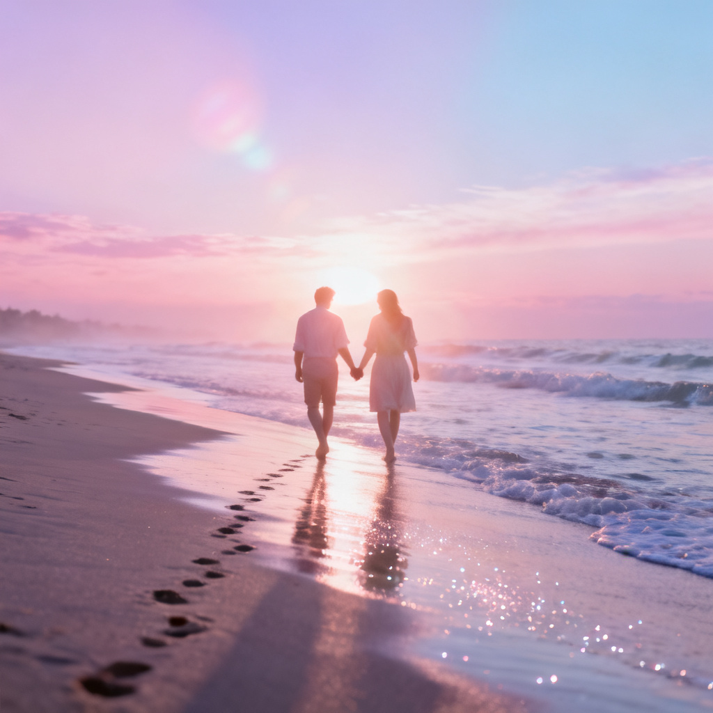 AI couple anniversary beach walk at sunset