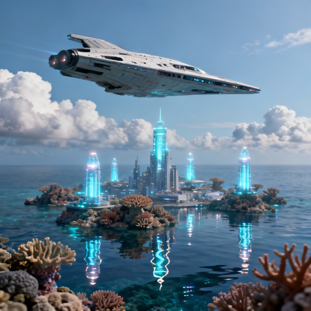AI sci fi starship flying above ocean city