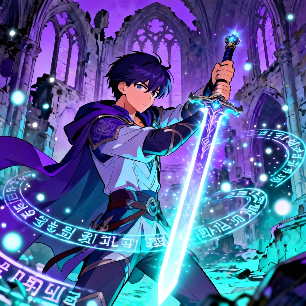 AI Korean webtoon fantasy hero summoning a sword