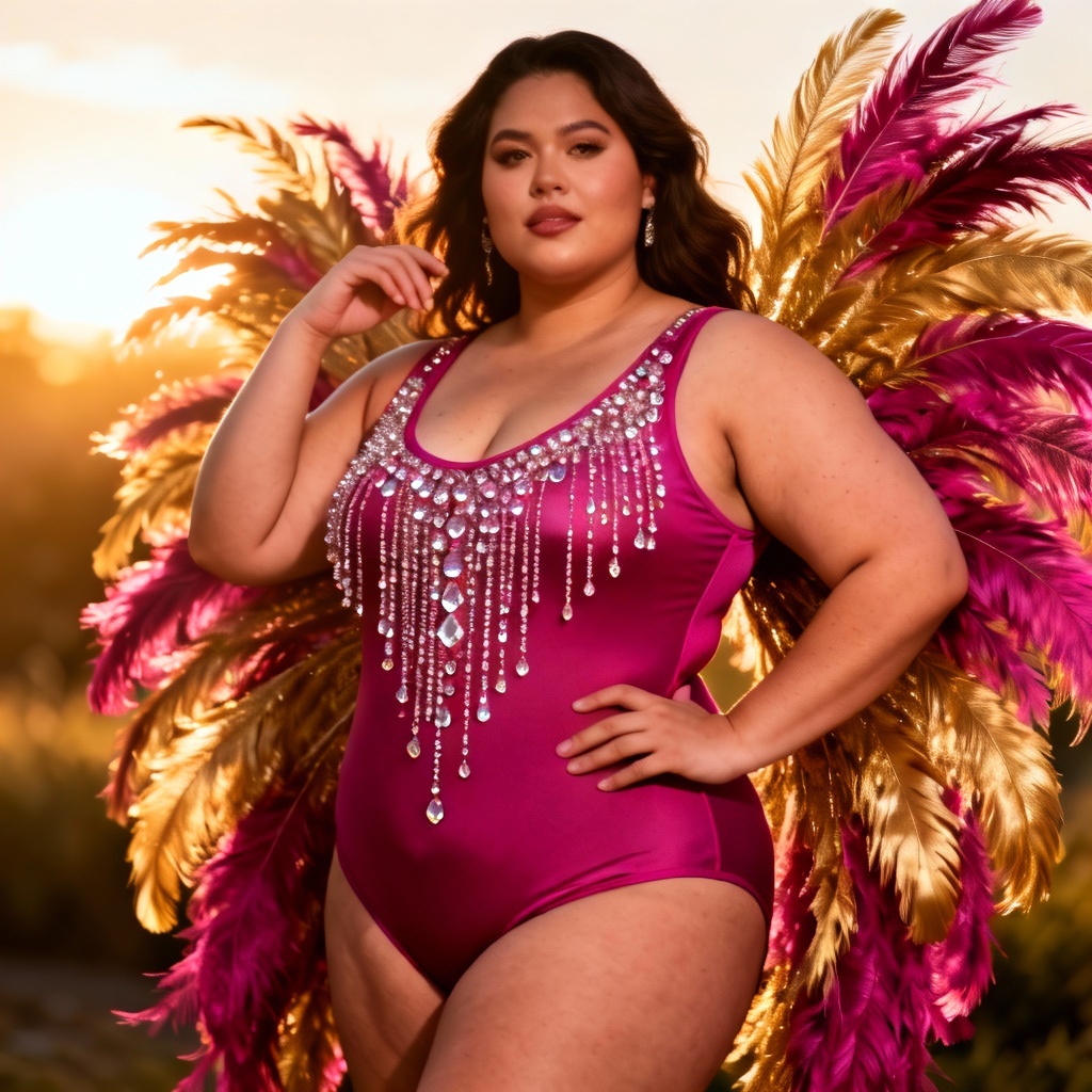AI plus-size Rio Carnival costume with magenta and gold feathers