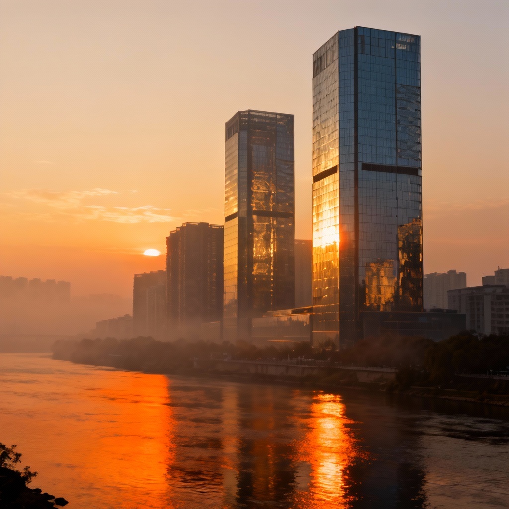 AI golden hour city skyline with warm highlights and atmospheric haze