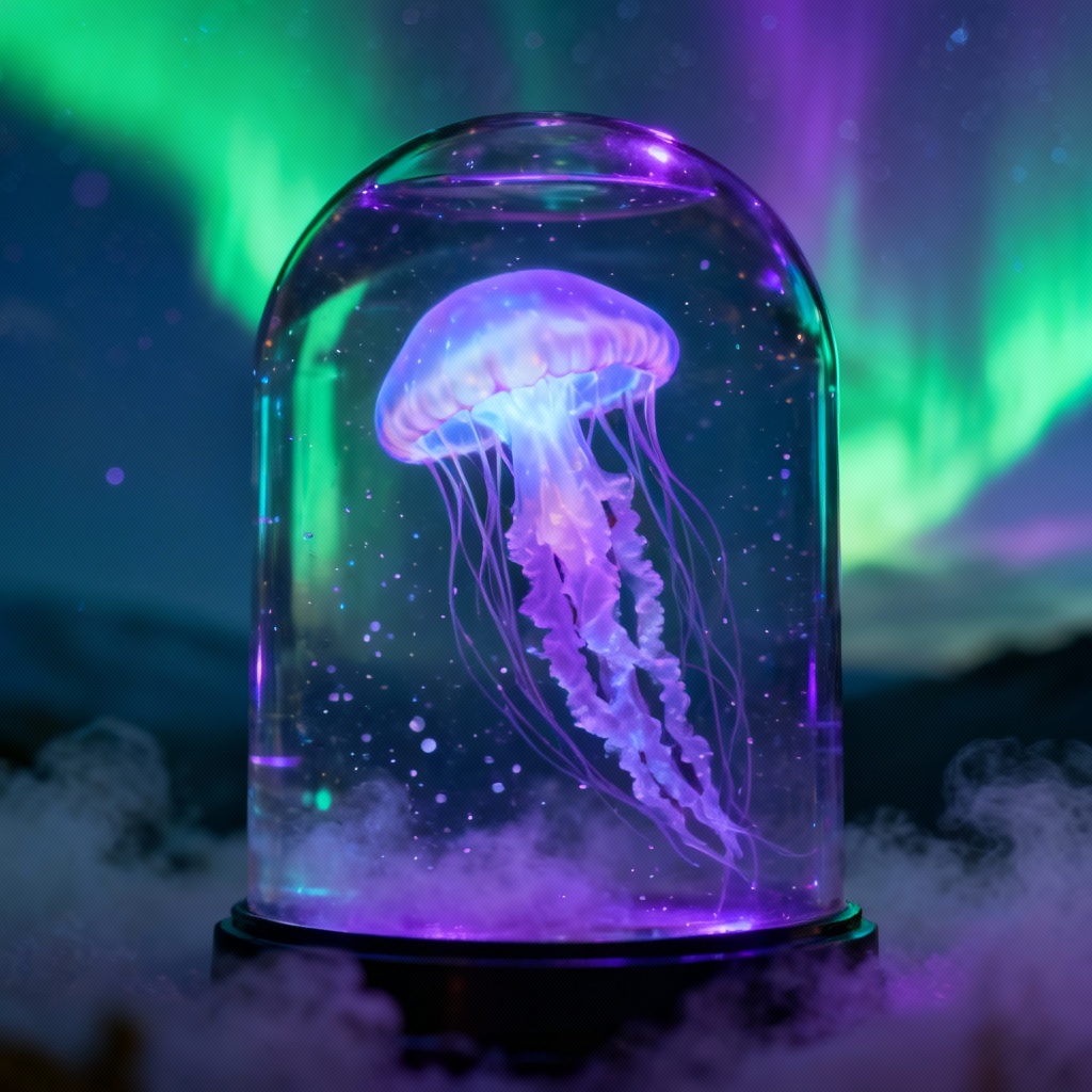 AI bioluminescent jellyfish with aurora colors in glass dome