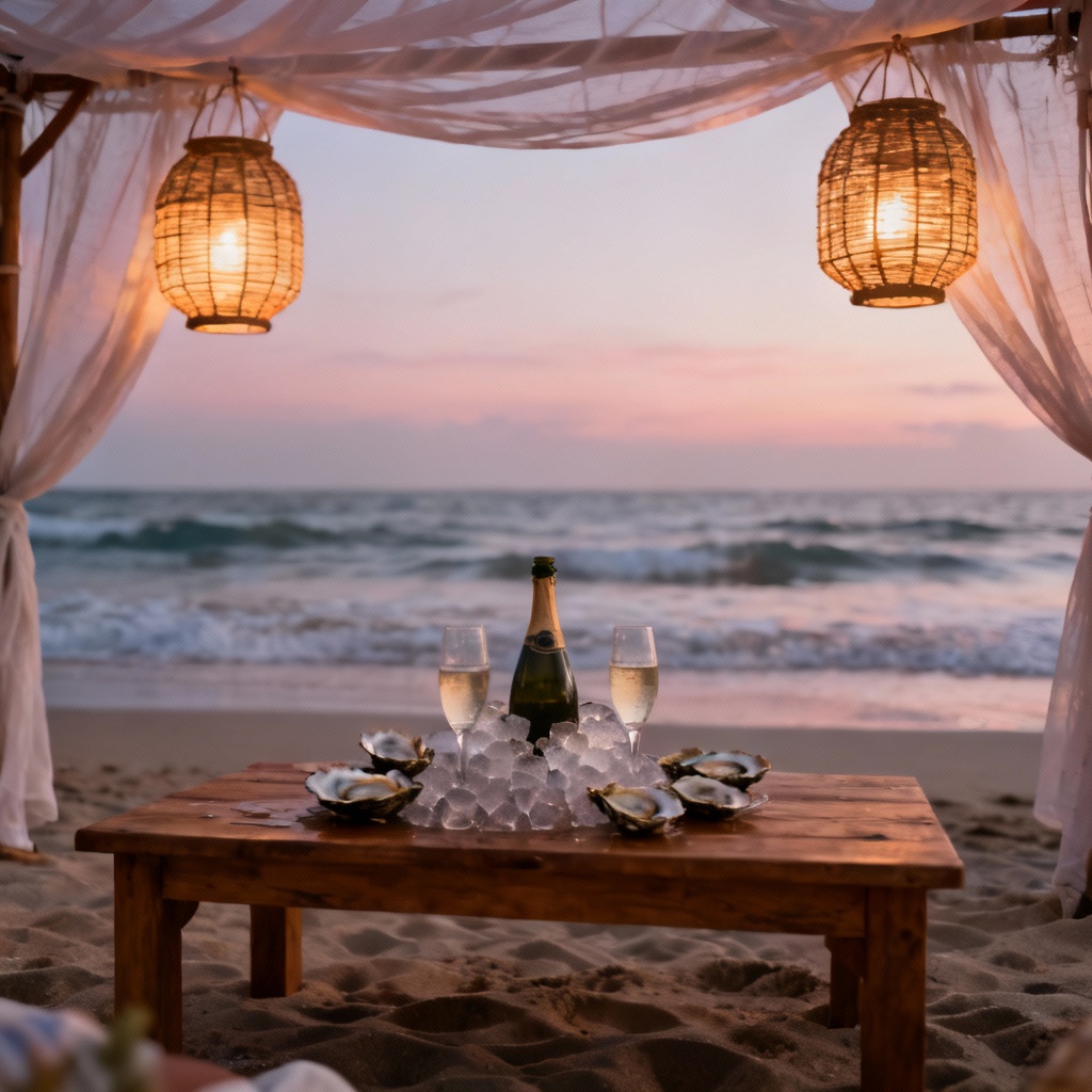 AI beachfront lantern dinner at dusk