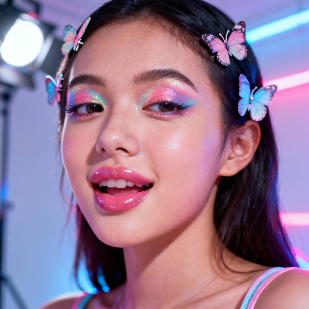 Y2K aesthetic makeup with glossy lips and pastel tones