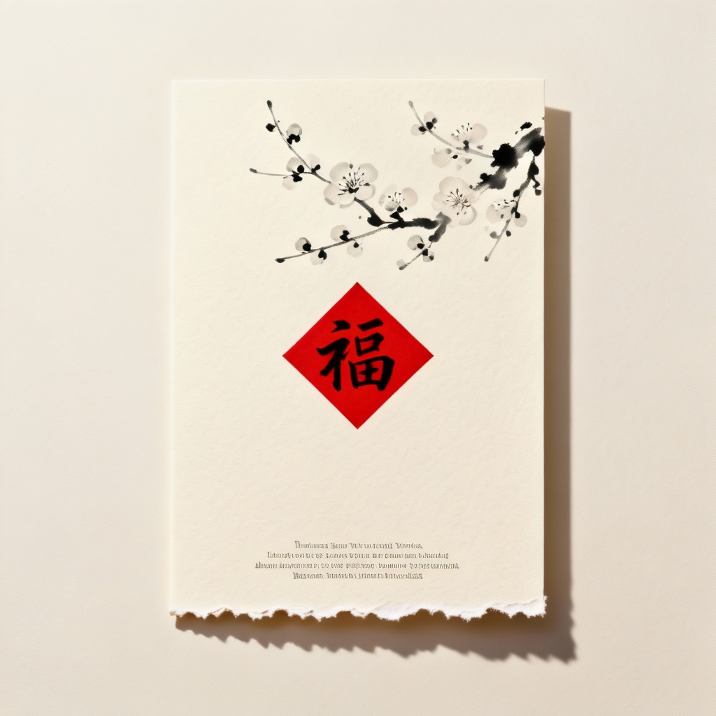 Minimalist CNY card with plum blossoms and 福 character