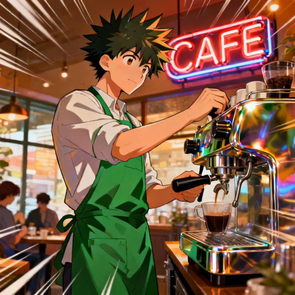 Anime-style AI barista character making espresso