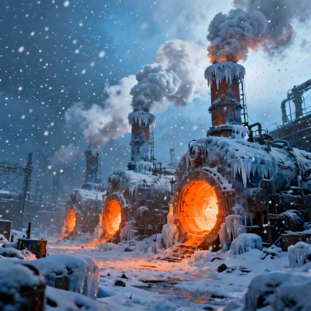 Frostpunk-style frozen industrial city district with snow and steam