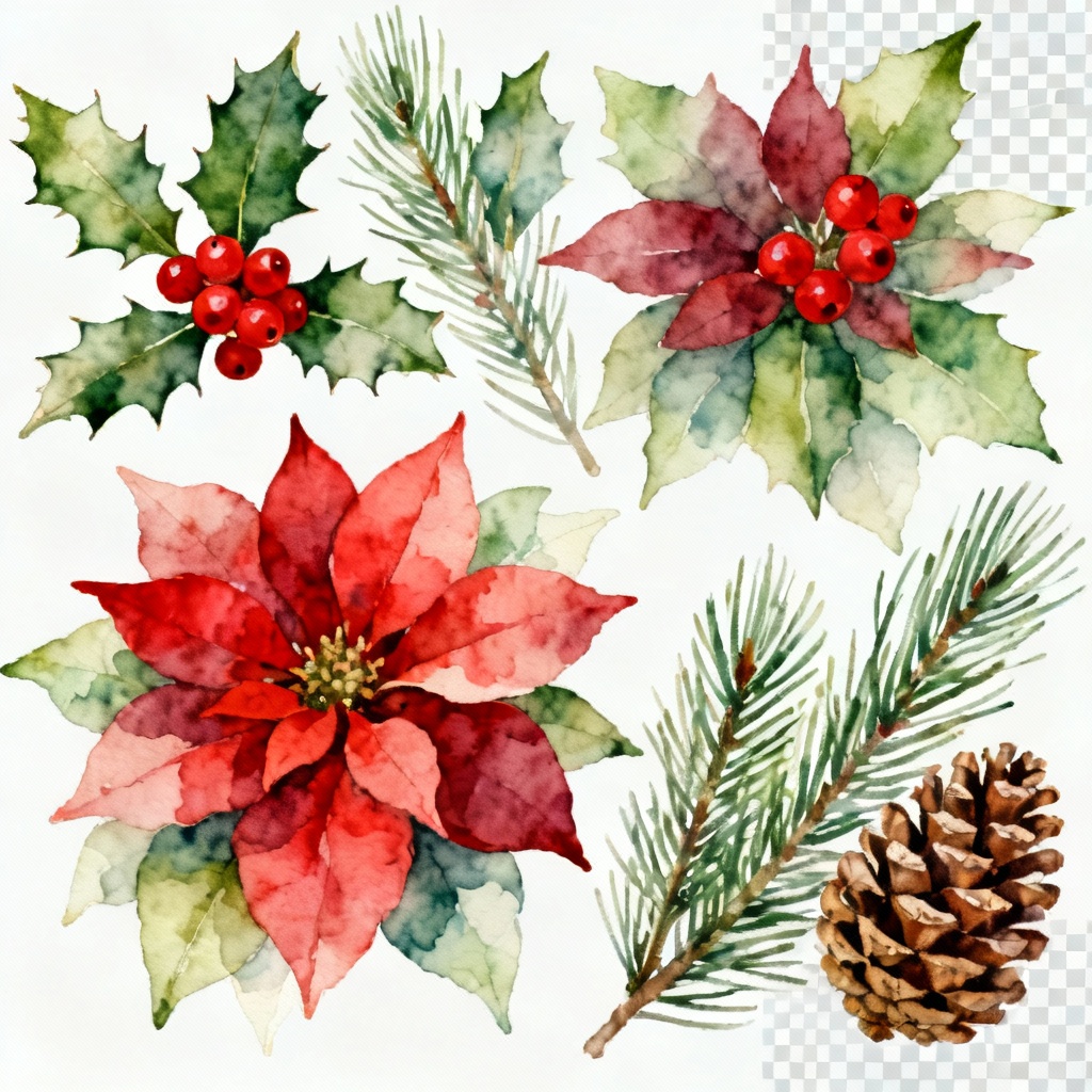 Watercolor poinsettia and holly Christmas florals