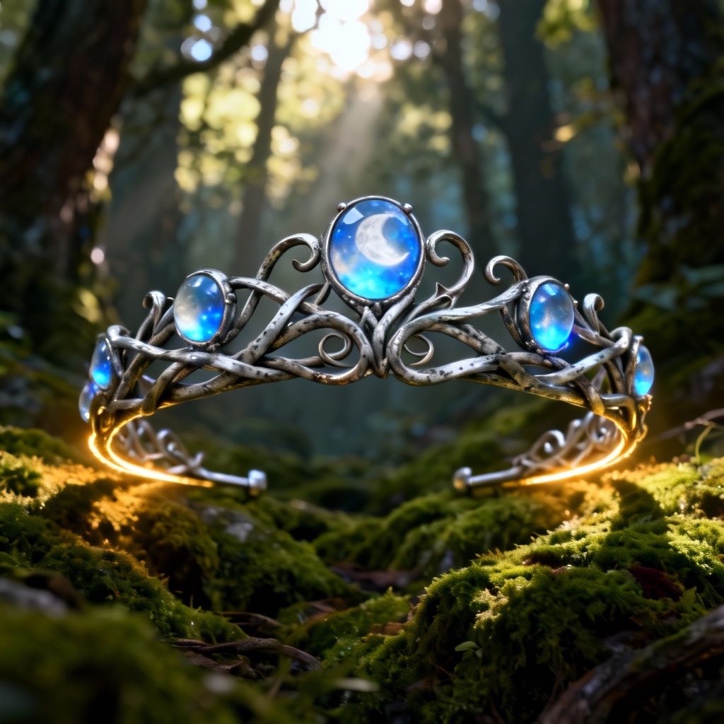 AI fantasy elven moonstone crown with silver vine details