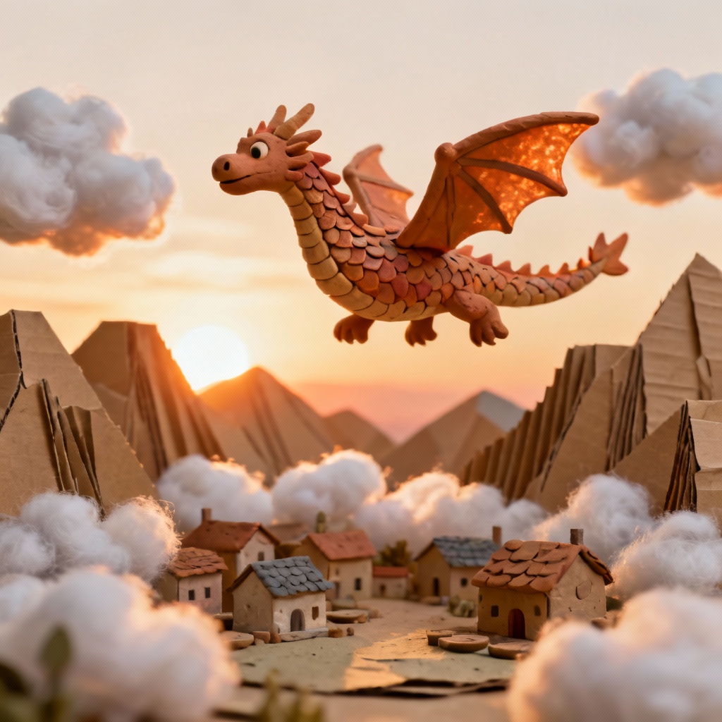 AI clay fantasy dragon over a village